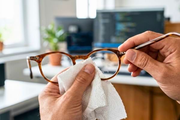 a person's hands holding stylish eyeglasses, wiping the lenses with a piece of white kitchen paper towel.