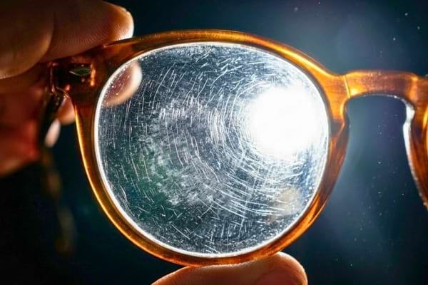 a heavily scratched eyeglass lens held up against a bright light source, revealing hundreds of tiny micro-scratches