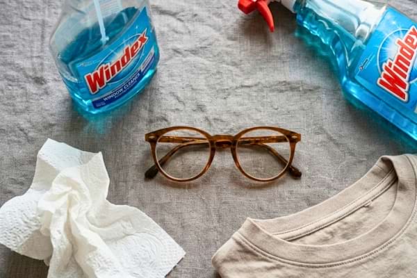 various forbidden cleaning items next to eyeglasses