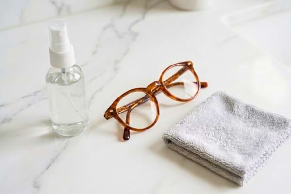 aesthetic lifestyle photo of a small clear spray bottle filled with liquid, placed next to a folded premium microfiber cloth