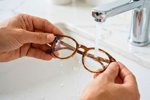 A close-up shot of a person gently cleaning their glasses under a slow stream of lukewarm tap water