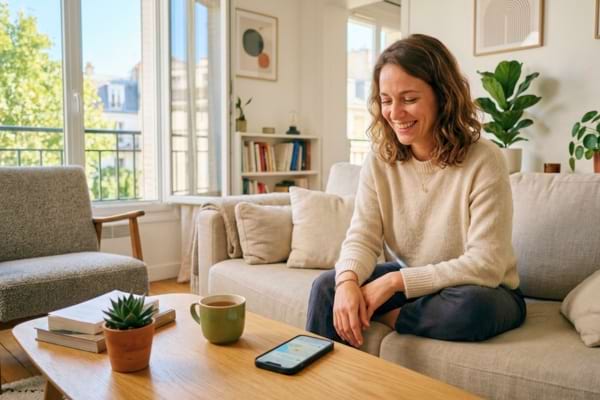 une personne souriante et détendue dans son salon moderne, regardant son smartphone posé sur la table basse