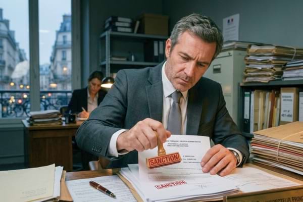 un inspecteur ou d'un juriste en costume en train de tamponner un document officiel avec un tampon rouge "SANCTION".