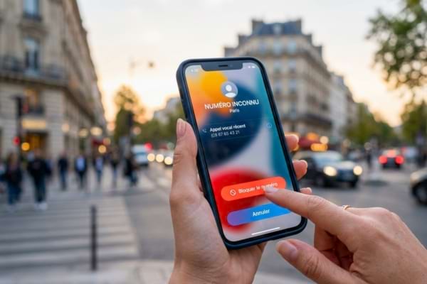 une main tenant un smartphone et appuyant sur un bouton rouge "Bloquer le numéro" sur l'écran tactile