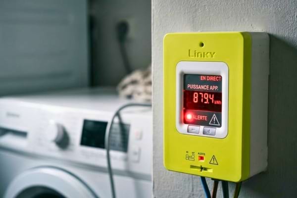 un compteur &eacute;lectrique intelligent moderne affichant des chiffres de consommation &eacute;lev&eacute;s en rouge