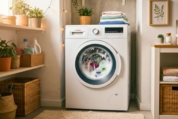 une machine &agrave; laver moderne en plein cycle de lavage avec de la mousse bien visible par le hublot en verre