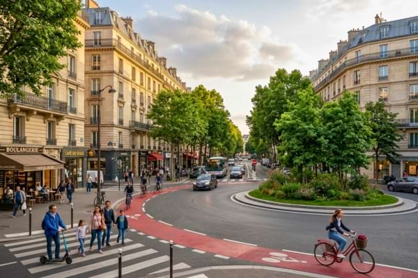 Beautiful modern French city street featuring a newly built Dutch roundabout