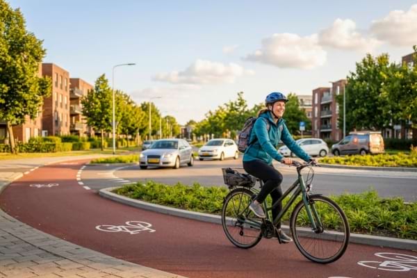 Happy cyclist riding safely on a dedicated red circular path around a roundabout