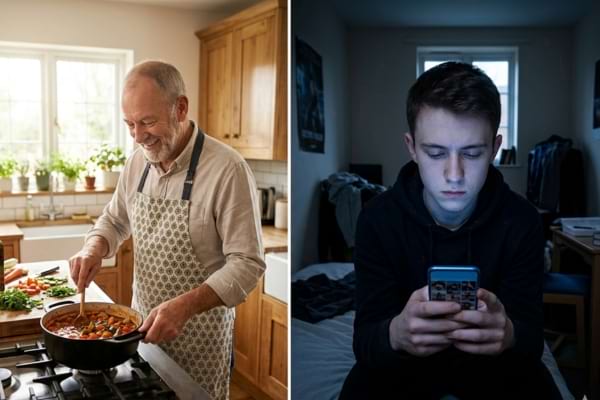 A gauche un homme de 70 ans souriant &Agrave; droite, un jeune homme de 20 ans au visage ferm&eacute;