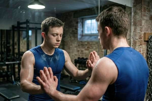un jeune homme muscl&eacute; se regardant dans le miroir d'une salle de sport, l'air &eacute;puis&eacute; et anxieux