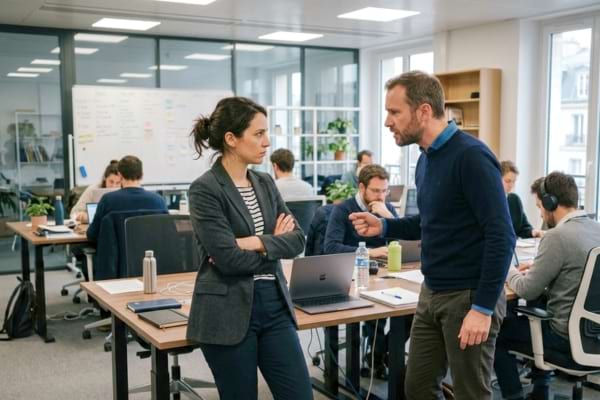 un bureau moderne en open-space, un homme et une femme discutent avec une l&eacute;g&egrave;re tension palpable