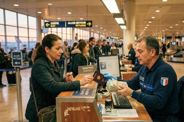 un voyageur montrant son passeport et une liasse de billets &agrave; un agent des douanes
