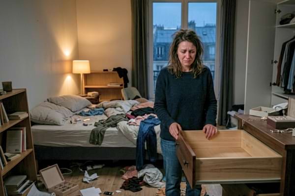 Une personne triste regardant un tiroir vide dans une chambre en d&eacute;sordre apr&egrave;s un cambriolage
