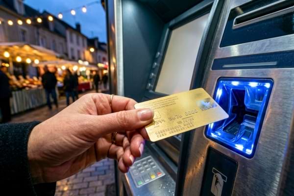 une main ins&eacute;rant une carte bancaire dor&eacute;e haut de gamme dans la fente lumineuse d'un distributeur