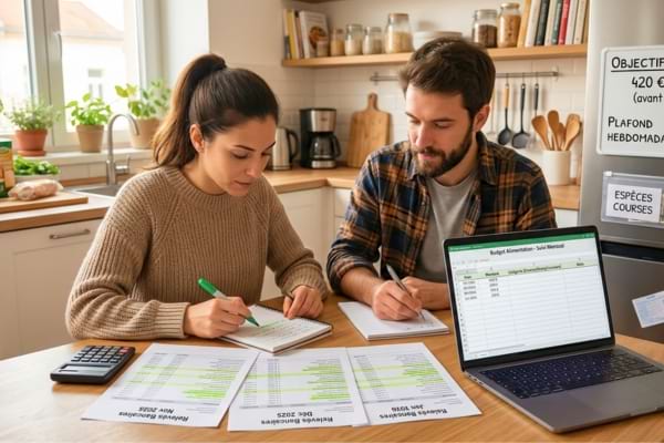 un couple qui fait son budget course pour faire des &eacute;conomies sur l'alimentation