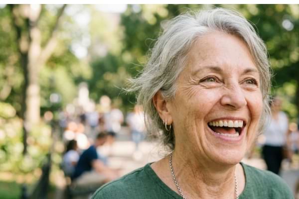 une femme de la soixantaine, sans maquillage excessif, riant aux &eacute;clats