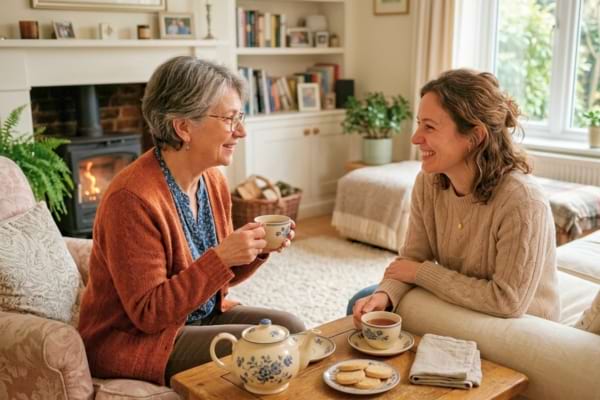 Une m&egrave;re de 60 ans et sa fille adulte buvant un th&eacute; ensemble, discutant sereinement