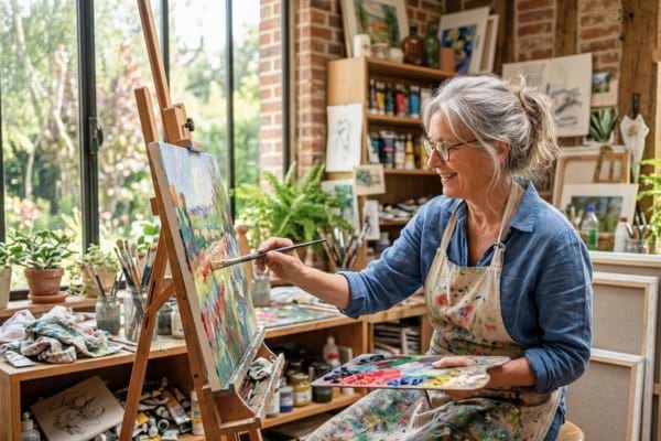 Une femme de 60 ans concentr&eacute;e et heureuse en train de peindre