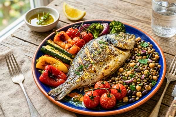 Une belle assiette color&eacute;e avec un filet de poisson grill&eacute;, des l&eacute;gumes frais r&ocirc;tis