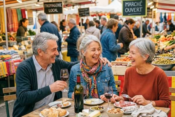 Un groupe de trois amis sexag&eacute;naires riant ensemble autour d'une tabl