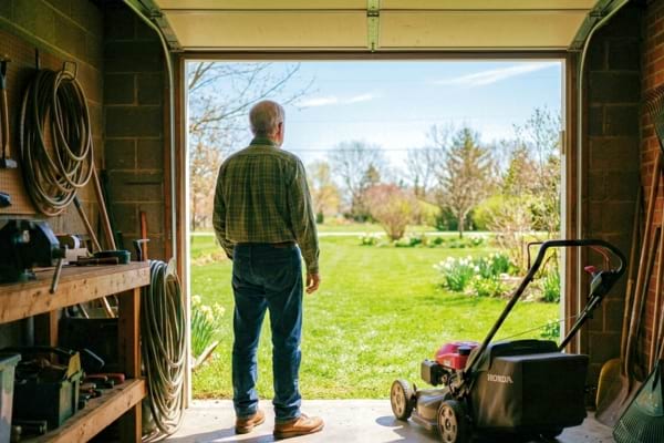 une personne de dos, regardant avec envie une tondeuse &agrave; gazon dans un garage entrouvert.