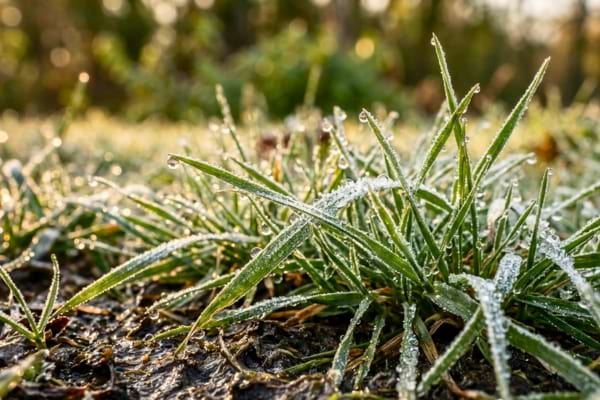 des brins d'herbe recouverts de ros&eacute;e matinale ou de l&eacute;ger givre, avec une terre sombre 