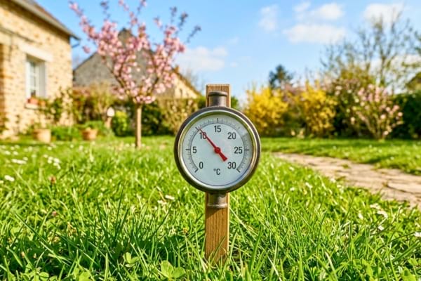 un thermom&egrave;tre d'ext&eacute;rieur plant&eacute; dans une belle pelouse bien verte