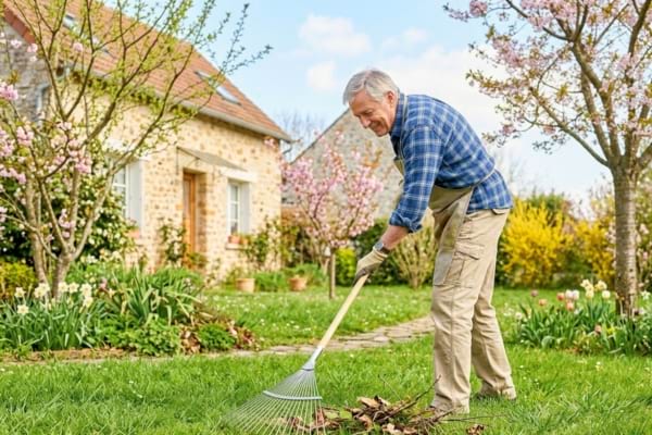 Un jardinier en tenue d&eacute;contract&eacute;e passant doucement un r&acirc;teau &agrave; feuilles sur une pelouse