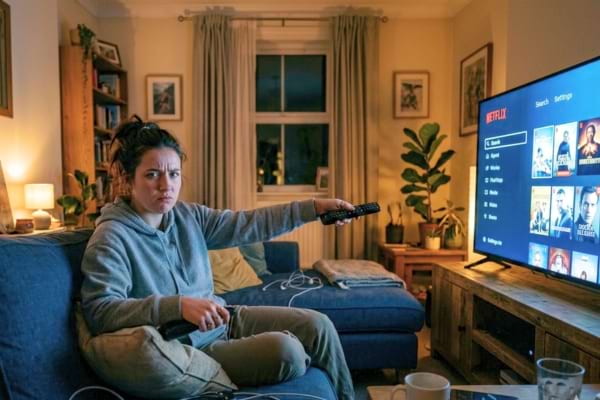 une personne assise sur un canap&eacute; dans un salon plong&eacute; dans la p&eacute;nombre, l'air agac&eacute;