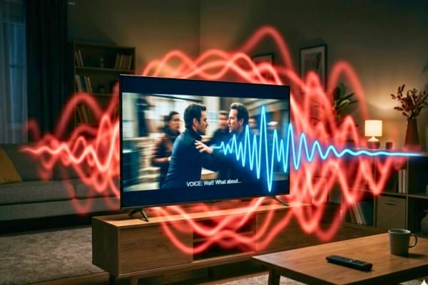 un t&eacute;l&eacute;viseur moderne diffusant un film. avec des ondes sonores graphiques de diff&eacute;rentes couleurs