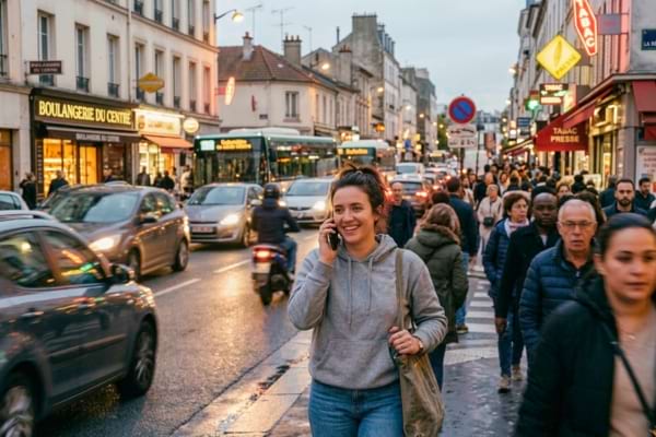 ne personne souriante marchant dans une rue tr&egrave;s anim&eacute;e et bruyante