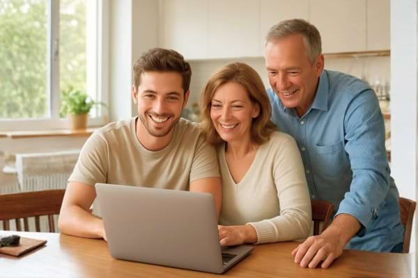 n jeune adulte souriant, assis à la table de la cuisine avec ses parents. Ils regardent ensemble un ordinateur