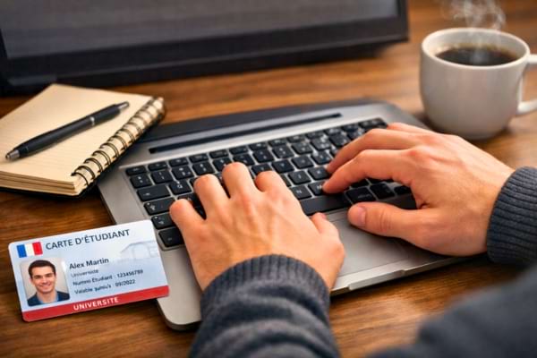 un étudiant tapant sur le clavier d'un ordinateur portable. À côté de l'ordinateur, une carte étudiante