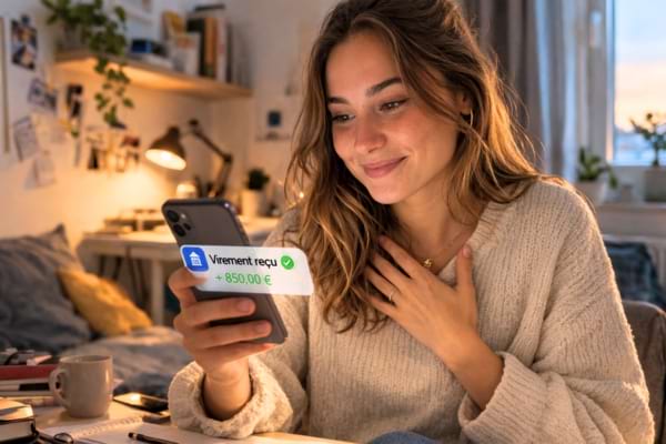 une jeune femme tenant son smartphone avec une expression de soulagement, regardant une notification d'application bancaire.
