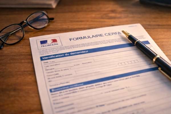 document officiel français (formulaire Cerfa) posé sur un bureau en bois