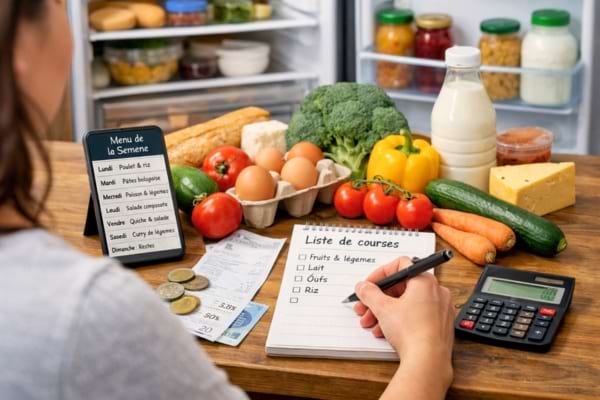 Une femme qui &eacute;crit sur un cahier sa liste de courses