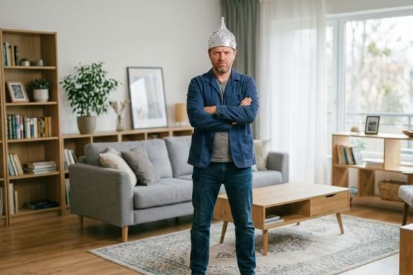 Un homme aux bras crois&eacute;s, l'air tr&egrave;s t&ecirc;tu et s&ucirc;r de lui, portant un chapeau en papier d'aluminium 