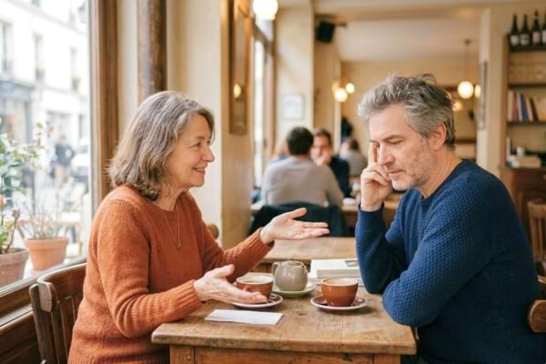 Deux personnes assises L'une sourit doucement et pose une question 