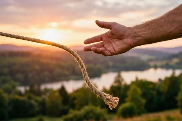 Une main l&acirc;che doucement une corde tendue symbolisant le l&acirc;cher-prise et la paix int&eacute;rieure.