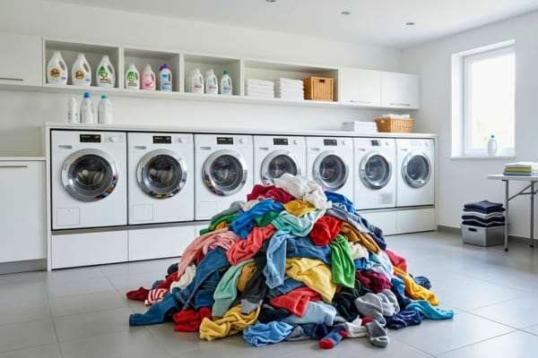 une immense montagne de linge sale coloré dans une buanderie