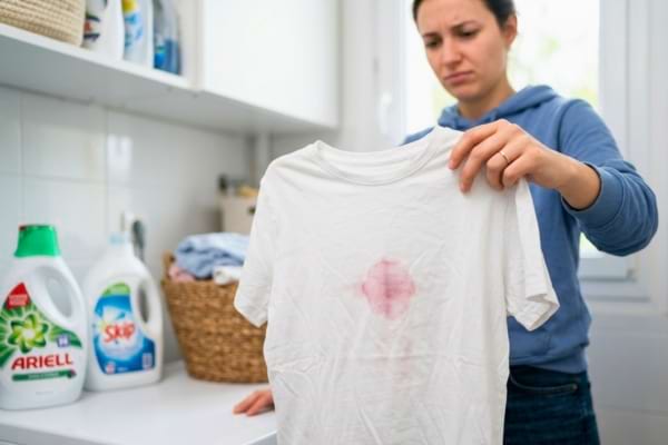 un t-shirt blanc propre mais avec une tache de vin rouge encore légèrement visible au centre.