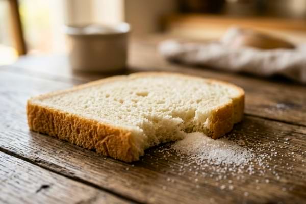 a slice of white sandwich bread on a wooden table