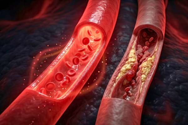 a healthy red blood vessel glowing, contrasting with a stiff and slightly clogged blood vessel,