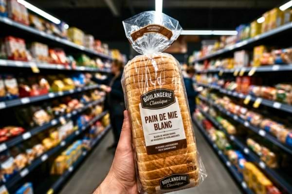 a hand holding a plastic-wrapped industrial white sandwich bread