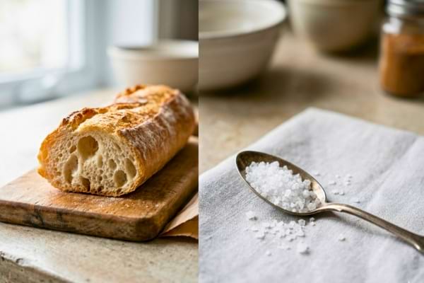 on the left, half a traditional white baguette, on the right, a teaspoon half filled with coarse white salt,
