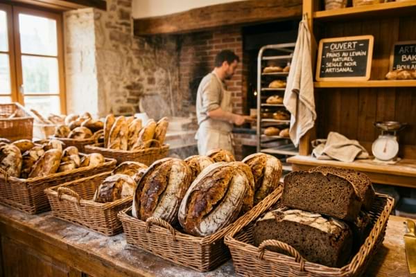 A rustic artisan bakery display, beautiful crusty sourdough bread loaves and dark rye breads 