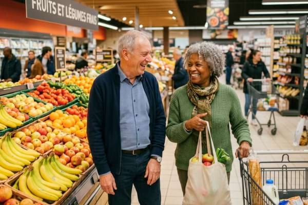 deux personnes de 65 ans discutant joyeusement et souriant près du rayon des fruits et légumes