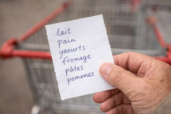 une petite liste de courses écrite à la main sur un bout de papier, tenue par une personne âgée