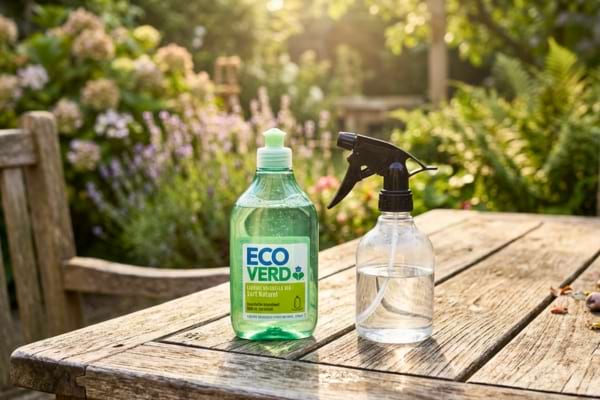 Une bouteille de liquide vaisselle verte pos&eacute;e sur une belle table de jardin en bois rustique