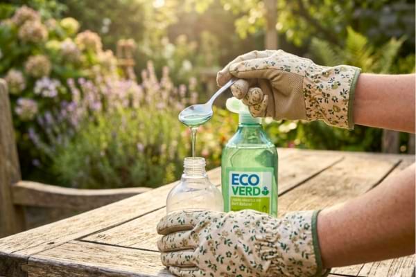 Les mains d'un jardinier en train de verser doucement une cuill&egrave;re de savon liquide